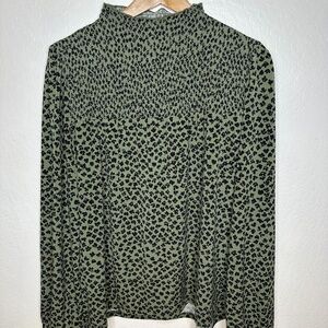 Ann Taylor Olive + Black Floral Print Blouse - Stretch Knit - Smocking - Large